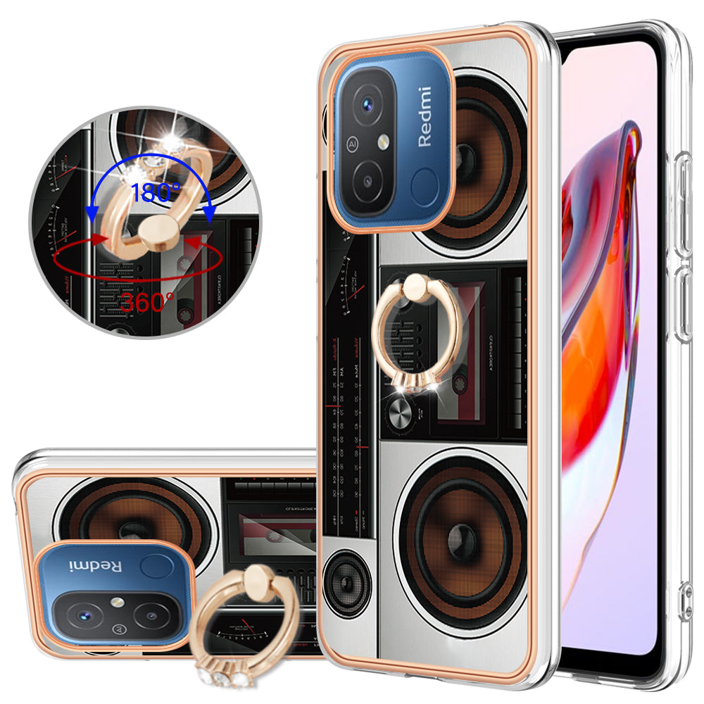 YB IMD Series-20 Style D Kickstand Phone Case for Xiaomi Redmi 12C 4G / 11A 4G , TPU 2.0mm Shockproof IMD Electroplating Cover