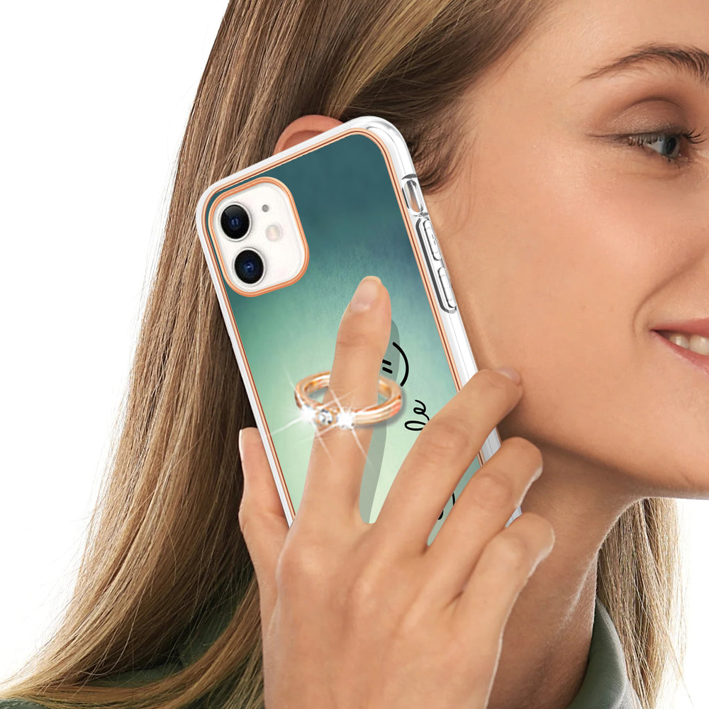 YB IMD Series-20 Style D For iPhone 11 IMD Pattern 2.0mm TPU Case Electroplating Ring Kickstand Phone Cover