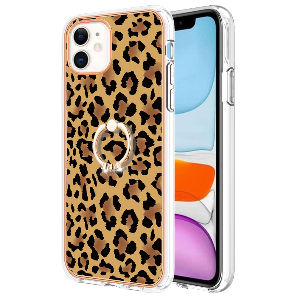 YB IMD Series-20 Style D For iPhone 11 IMD Pattern 2.0mm TPU Case Electroplating Ring Kickstand Phone Cover
