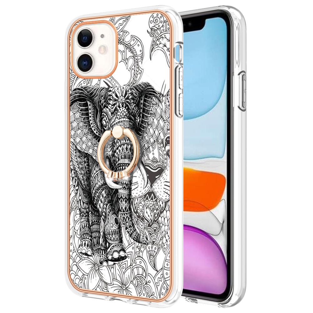 YB IMD Series-20 Style D For iPhone 11 IMD Pattern 2.0mm TPU Case Electroplating Ring Kickstand Phone Cover