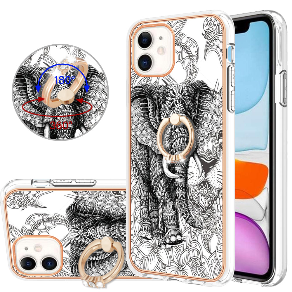YB IMD Series-20 Style D For iPhone 11 IMD Pattern 2.0mm TPU Case Electroplating Ring Kickstand Phone Cover
