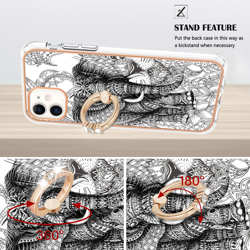 YB IMD Series-20 Style D For iPhone 11 IMD Pattern 2.0mm TPU Case Electroplating Ring Kickstand Phone Cover