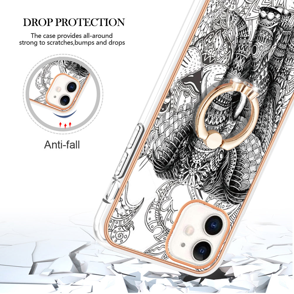 YB IMD Series-20 Style D For iPhone 11 IMD Pattern 2.0mm TPU Case Electroplating Ring Kickstand Phone Cover