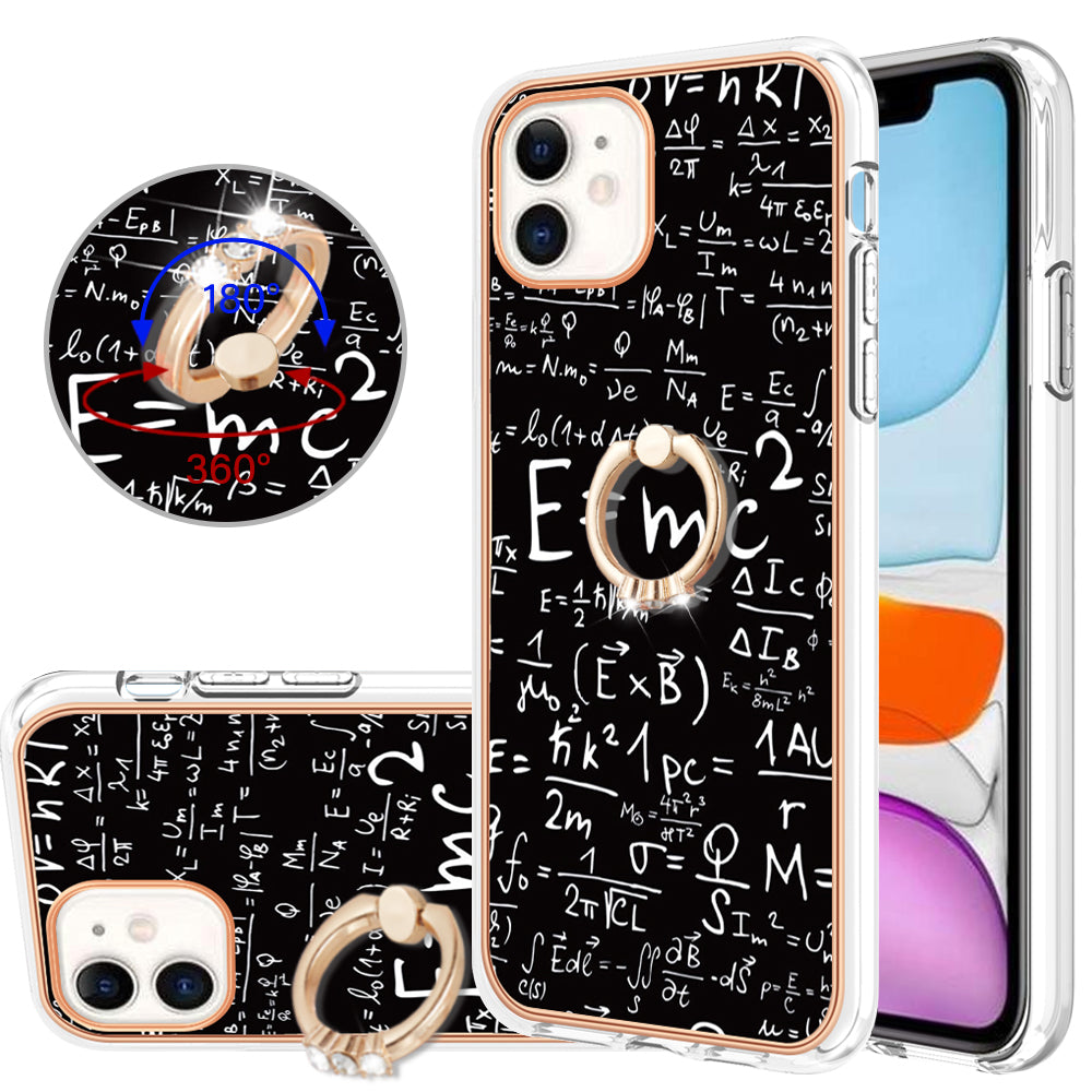 YB IMD Series-20 Style D For iPhone 11 IMD Pattern 2.0mm TPU Case Electroplating Ring Kickstand Phone Cover
