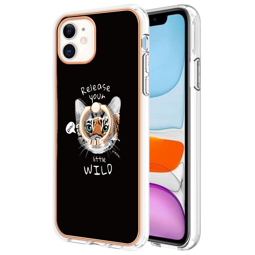 YB IMD Series-20 Style D For iPhone 11 IMD Pattern 2.0mm TPU Case Electroplating Ring Kickstand Phone Cover