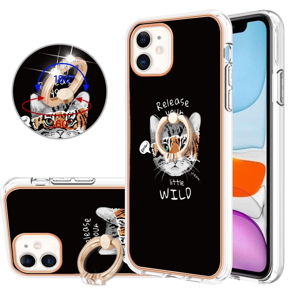 YB IMD Series-20 Style D For iPhone 11 IMD Pattern 2.0mm TPU Case Electroplating Ring Kickstand Phone Cover