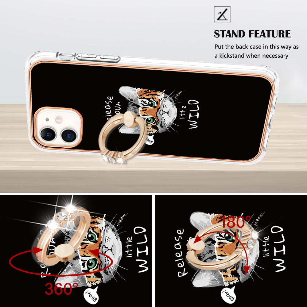 YB IMD Series-20 Style D For iPhone 11 IMD Pattern 2.0mm TPU Case Electroplating Ring Kickstand Phone Cover