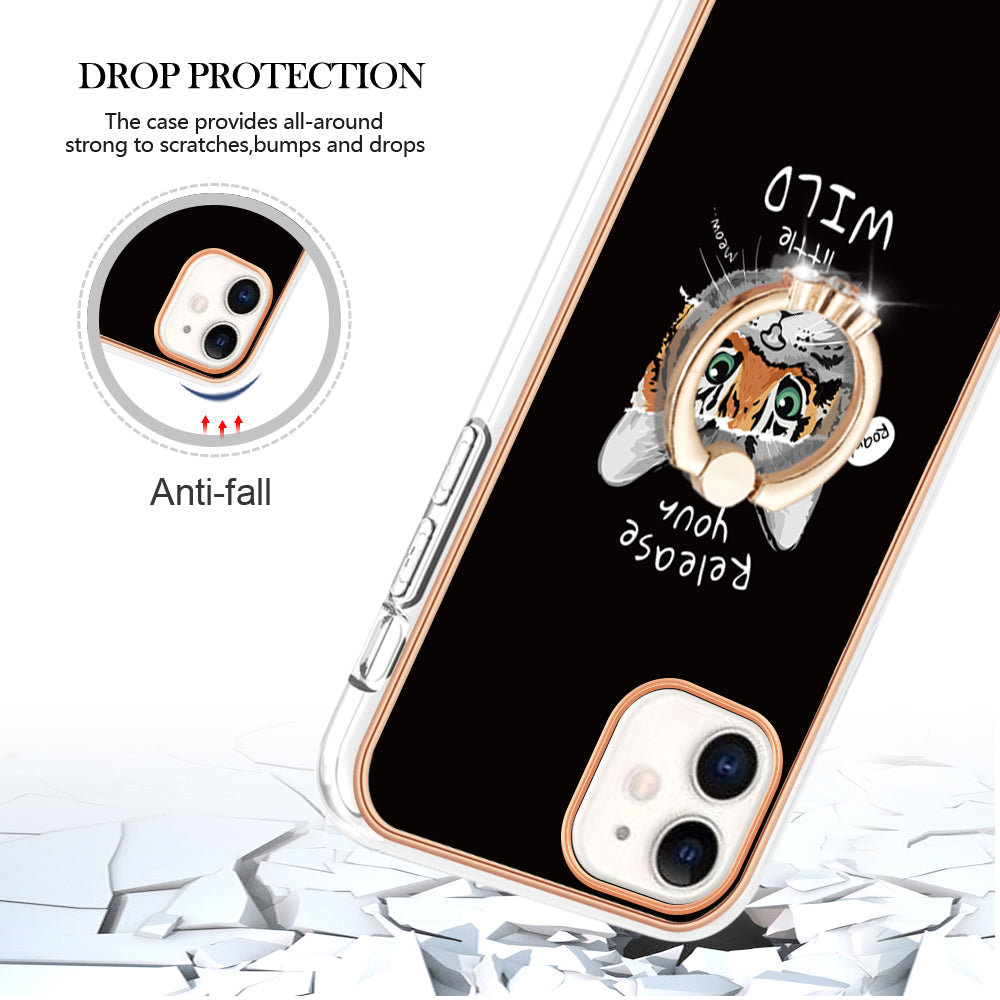 YB IMD Series-20 Style D For iPhone 11 IMD Pattern 2.0mm TPU Case Electroplating Ring Kickstand Phone Cover