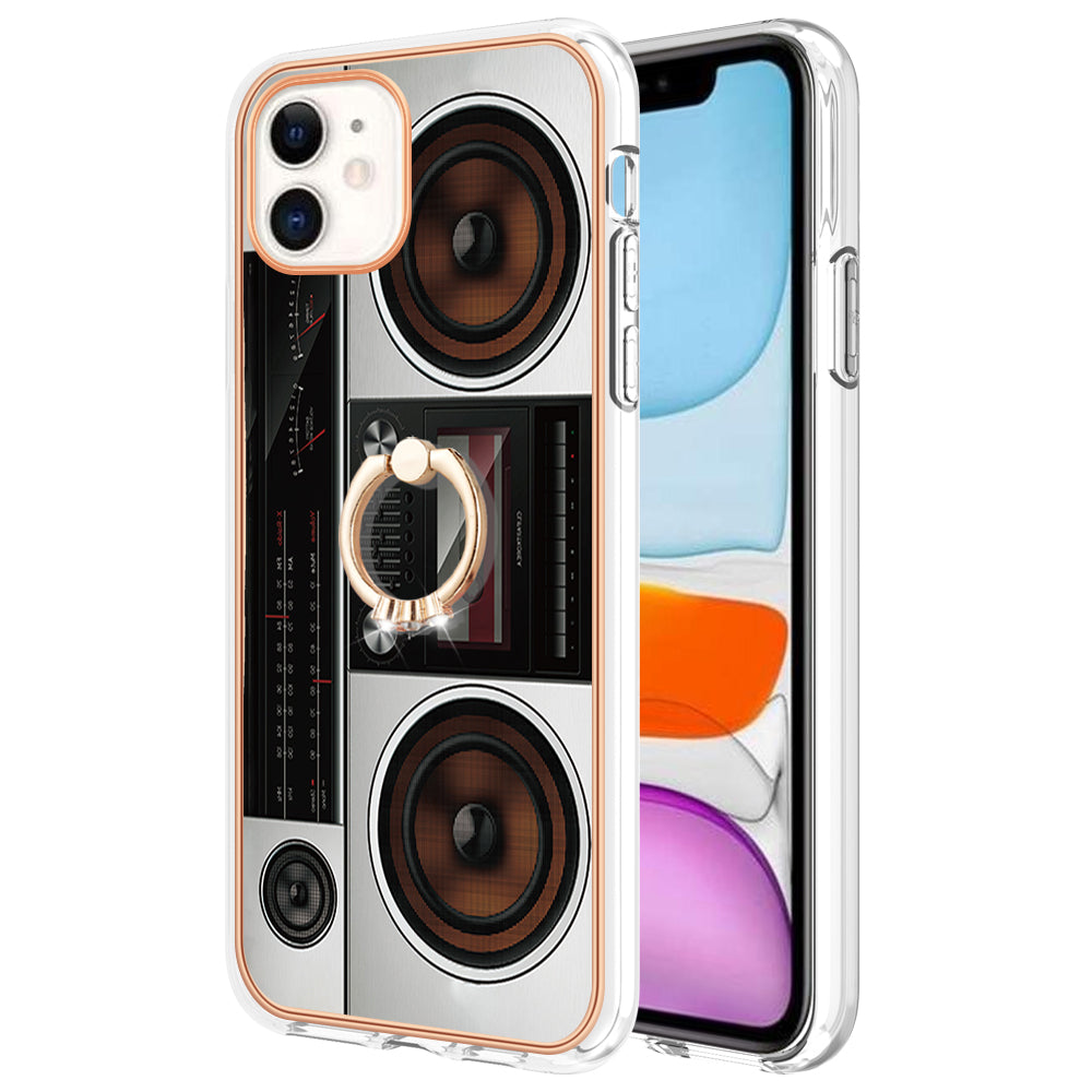 YB IMD Series-20 Style D For iPhone 11 IMD Pattern 2.0mm TPU Case Electroplating Ring Kickstand Phone Cover