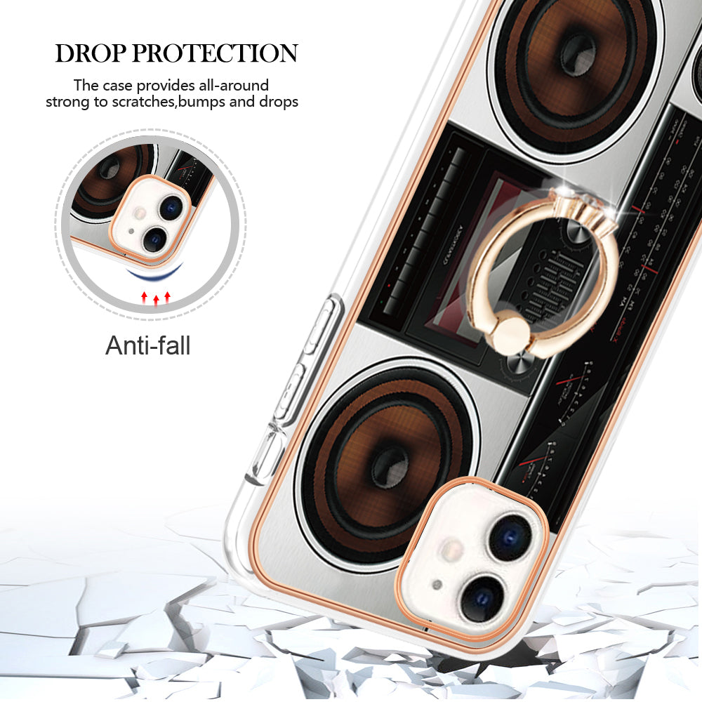 YB IMD Series-20 Style D For iPhone 11 IMD Pattern 2.0mm TPU Case Electroplating Ring Kickstand Phone Cover