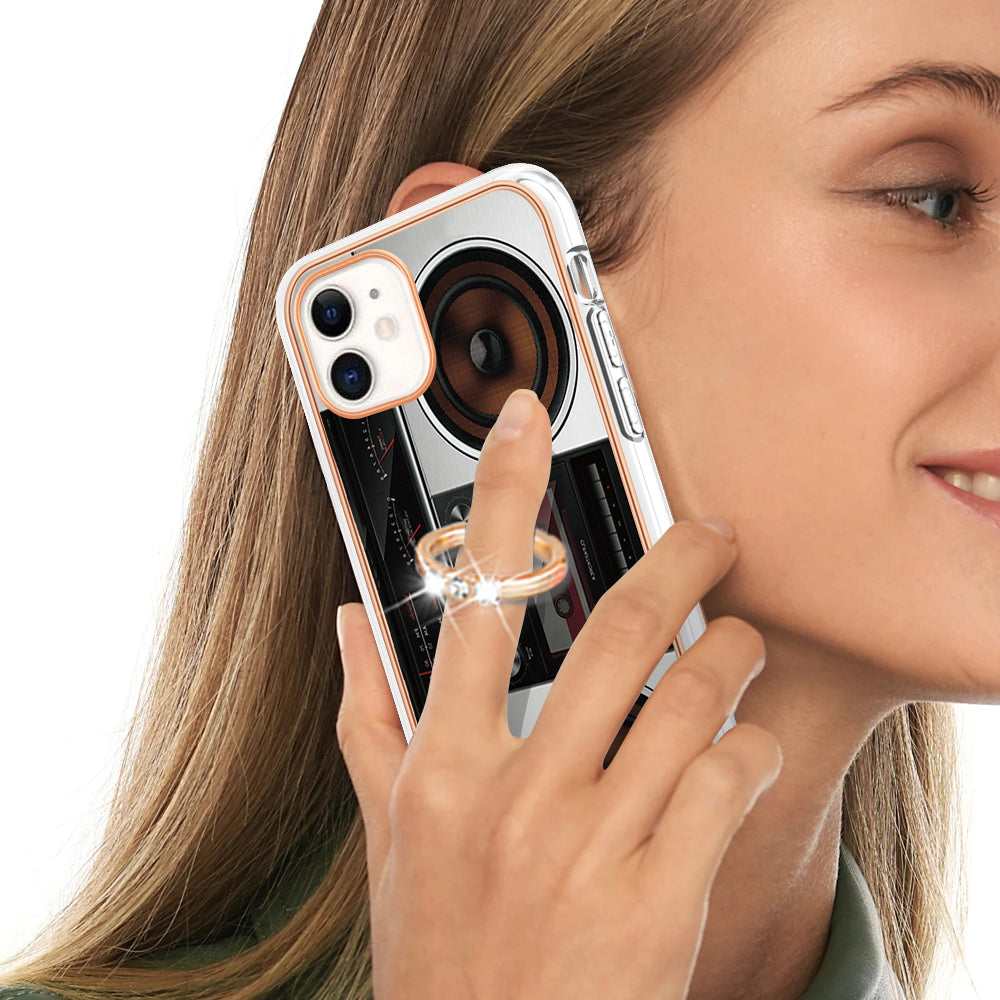 YB IMD Series-20 Style D For iPhone 11 IMD Pattern 2.0mm TPU Case Electroplating Ring Kickstand Phone Cover