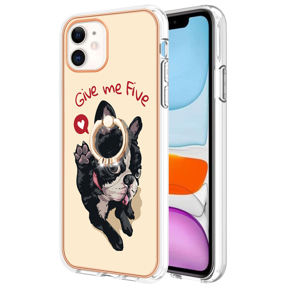 YB IMD Series-20 Style D For iPhone 11 IMD Pattern 2.0mm TPU Case Electroplating Ring Kickstand Phone Cover