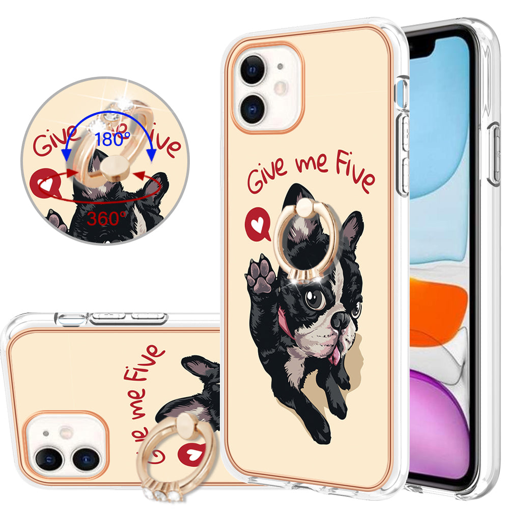 YB IMD Series-20 Style D For iPhone 11 IMD Pattern 2.0mm TPU Case Electroplating Ring Kickstand Phone Cover