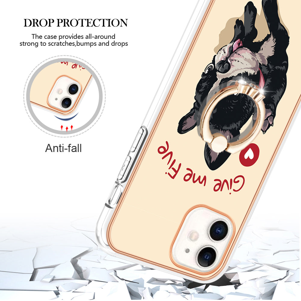 YB IMD Series-20 Style D For iPhone 11 IMD Pattern 2.0mm TPU Case Electroplating Ring Kickstand Phone Cover