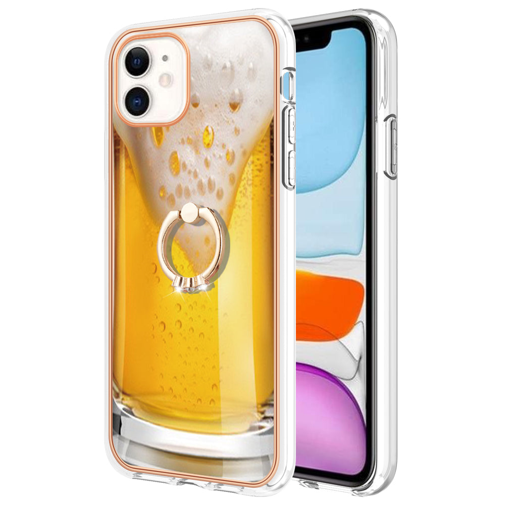 YB IMD Series-20 Style D For iPhone 11 IMD Pattern 2.0mm TPU Case Electroplating Ring Kickstand Phone Cover
