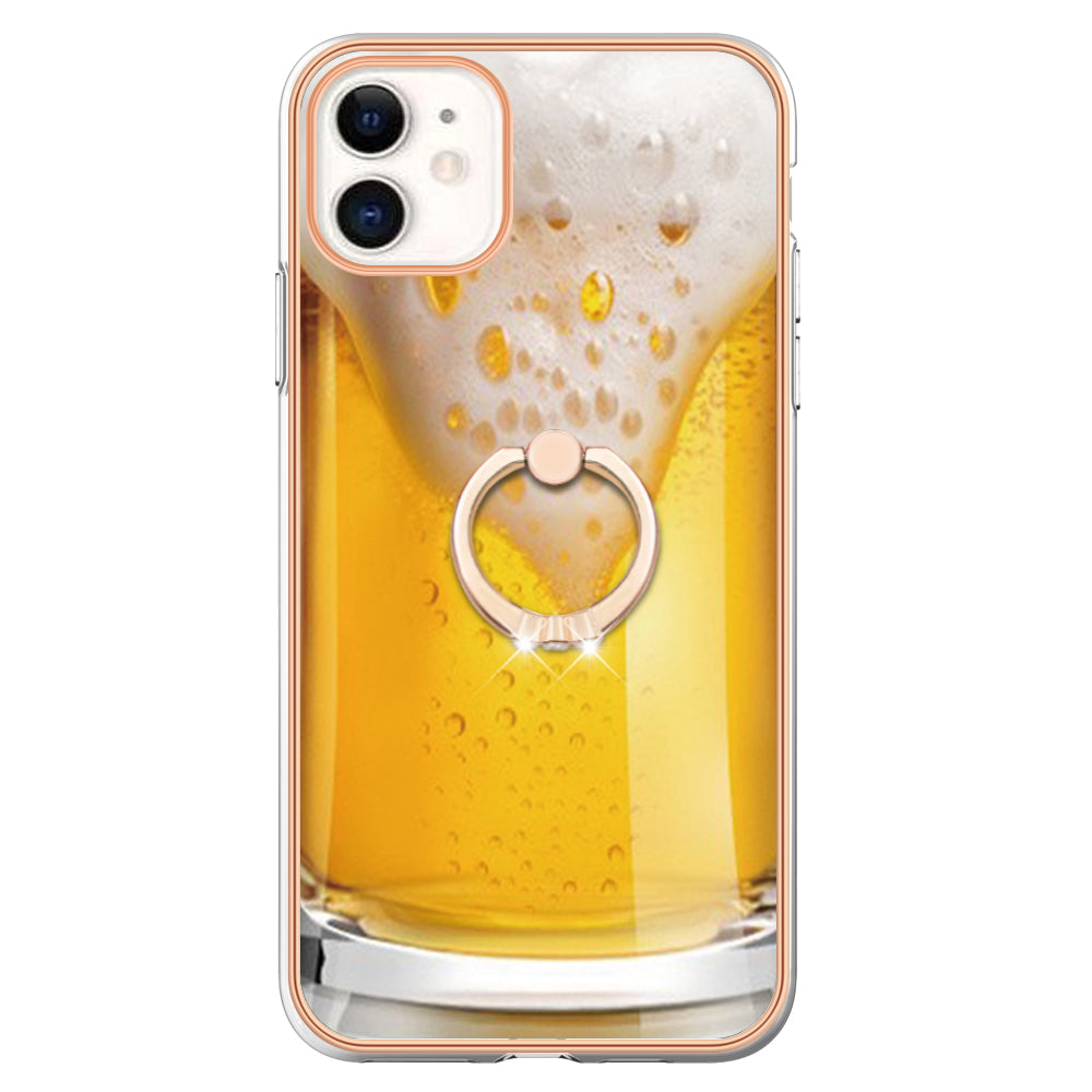 YB IMD Series-20 Style D For iPhone 11 IMD Pattern 2.0mm TPU Case Electroplating Ring Kickstand Phone Cover