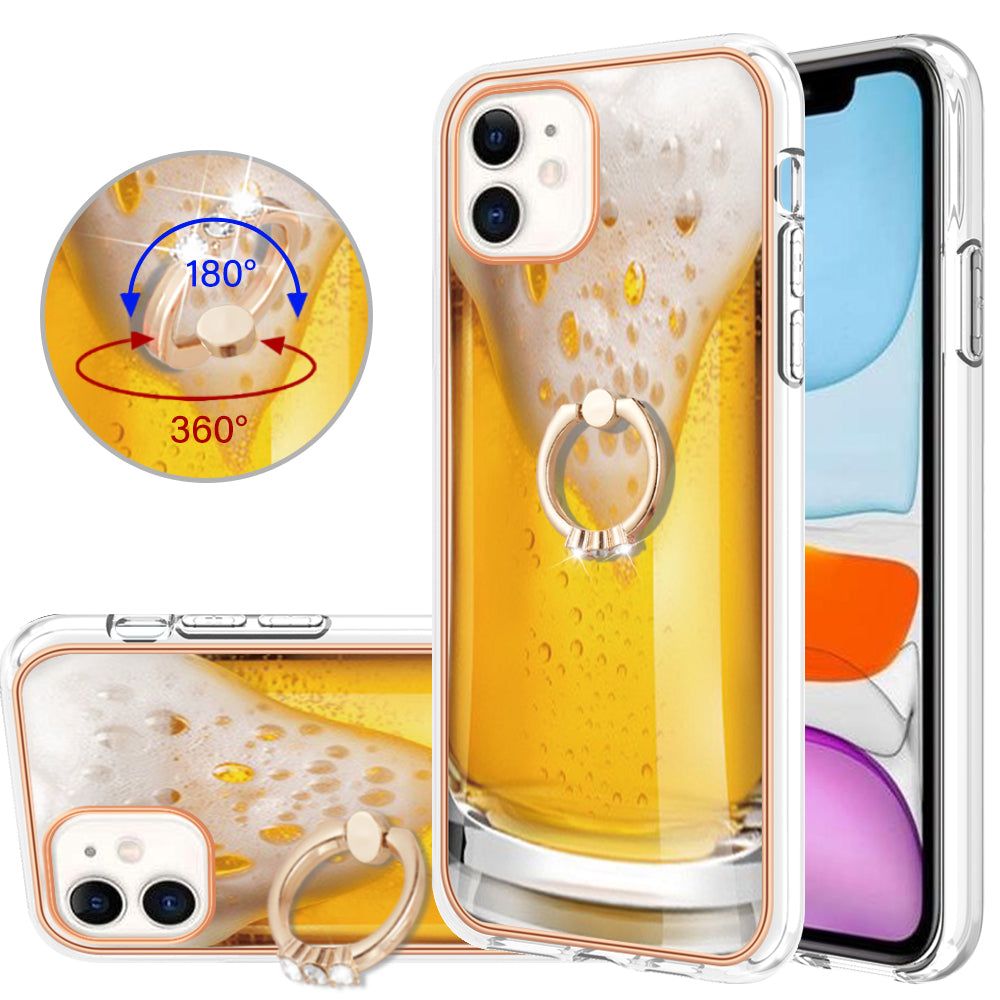 YB IMD Series-20 Style D For iPhone 11 IMD Pattern 2.0mm TPU Case Electroplating Ring Kickstand Phone Cover