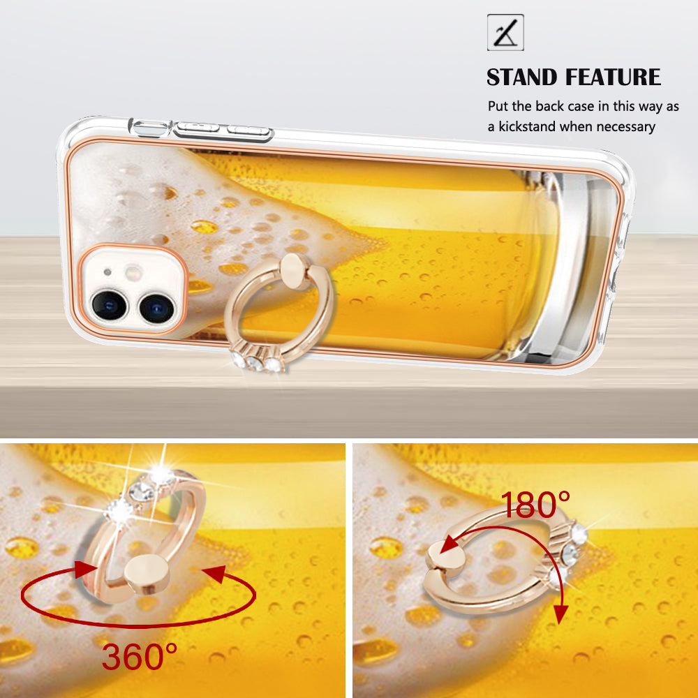 YB IMD Series-20 Style D For iPhone 11 IMD Pattern 2.0mm TPU Case Electroplating Ring Kickstand Phone Cover