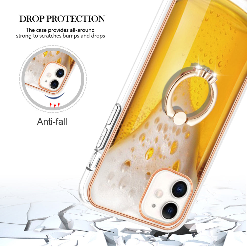 YB IMD Series-20 Style D For iPhone 11 IMD Pattern 2.0mm TPU Case Electroplating Ring Kickstand Phone Cover