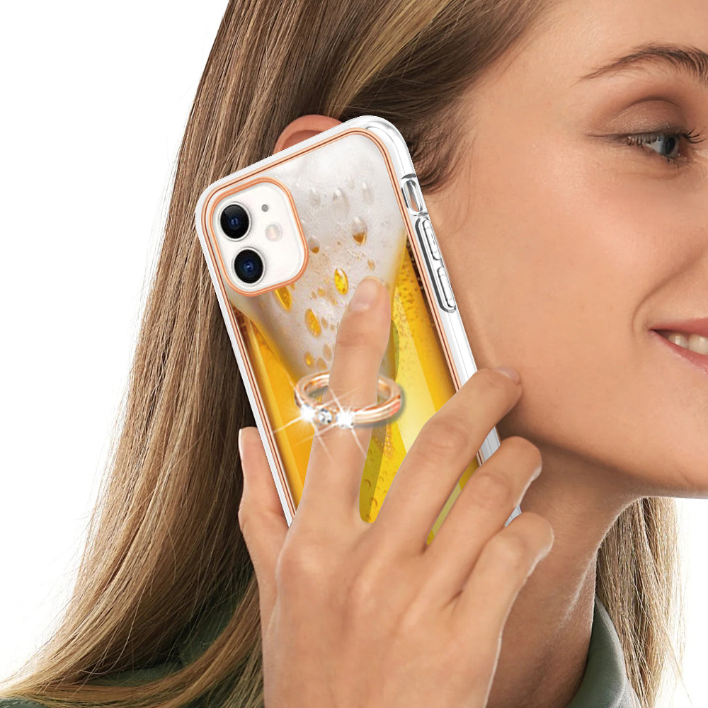 YB IMD Series-20 Style D For iPhone 11 IMD Pattern 2.0mm TPU Case Electroplating Ring Kickstand Phone Cover
