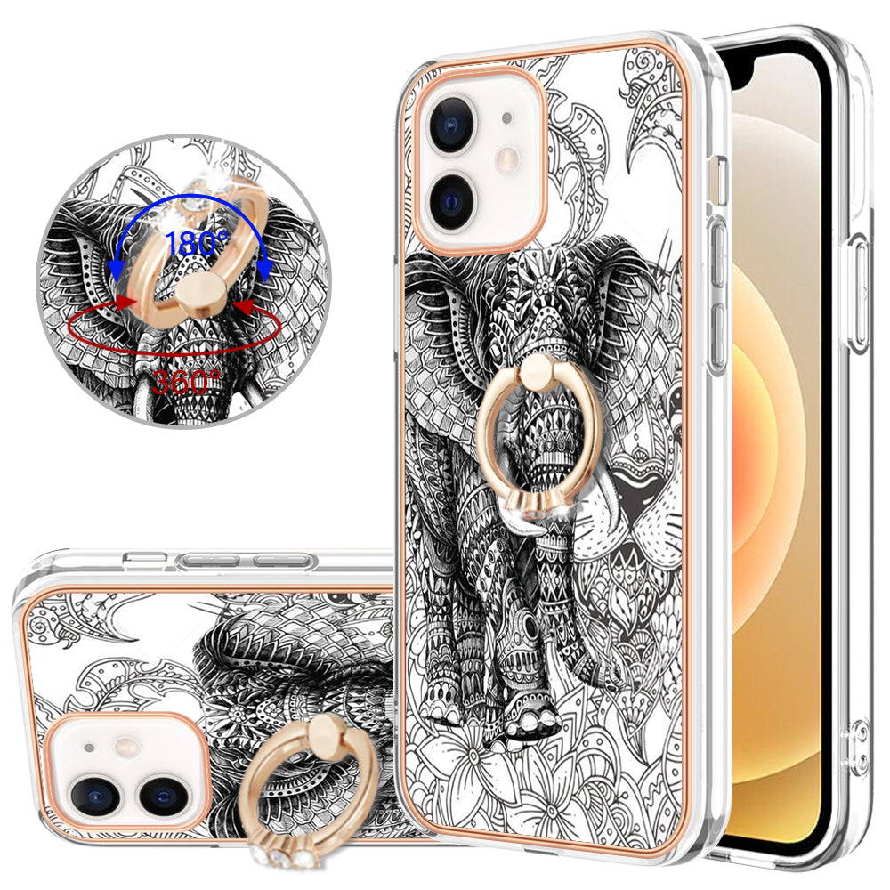 YB IMD Series-20 Style D For iPhone 12 / 12 Pro 6.1 inch IMD Pattern TPU Case 2.0mm Electroplating Phone Kickstand Cover