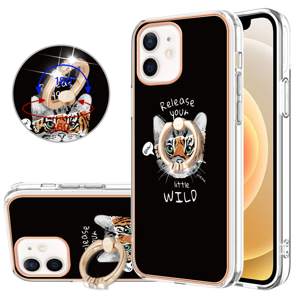YB IMD Series-20 Style D For iPhone 12 / 12 Pro 6.1 inch IMD Pattern TPU Case 2.0mm Electroplating Phone Kickstand Cover