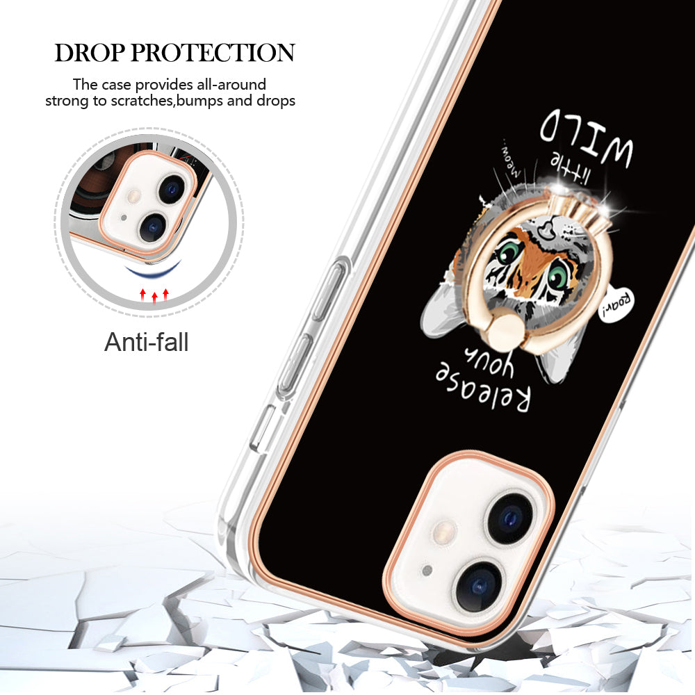 YB IMD Series-20 Style D For iPhone 12 / 12 Pro 6.1 inch IMD Pattern TPU Case 2.0mm Electroplating Phone Kickstand Cover