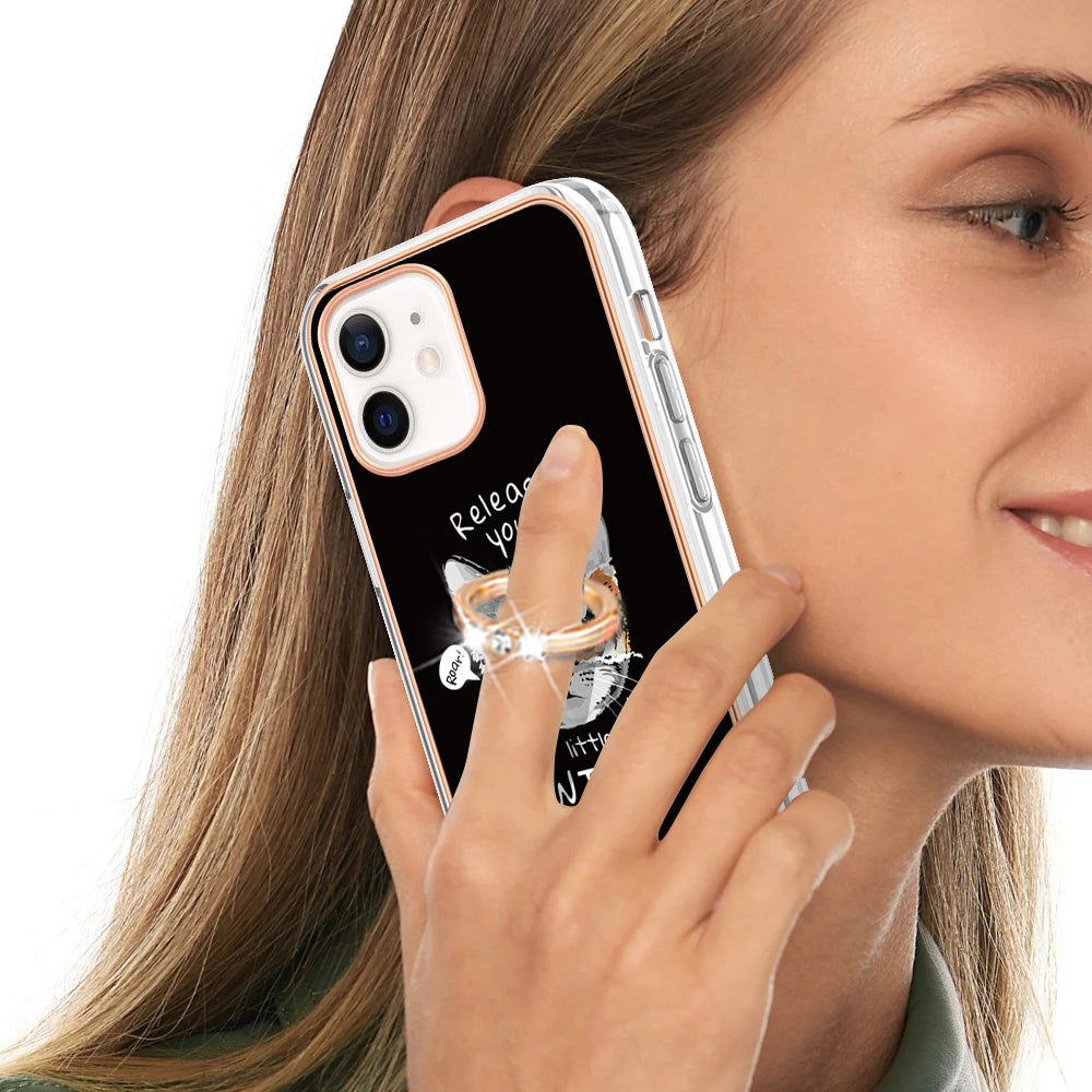 YB IMD Series-20 Style D For iPhone 12 / 12 Pro 6.1 inch IMD Pattern TPU Case 2.0mm Electroplating Phone Kickstand Cover