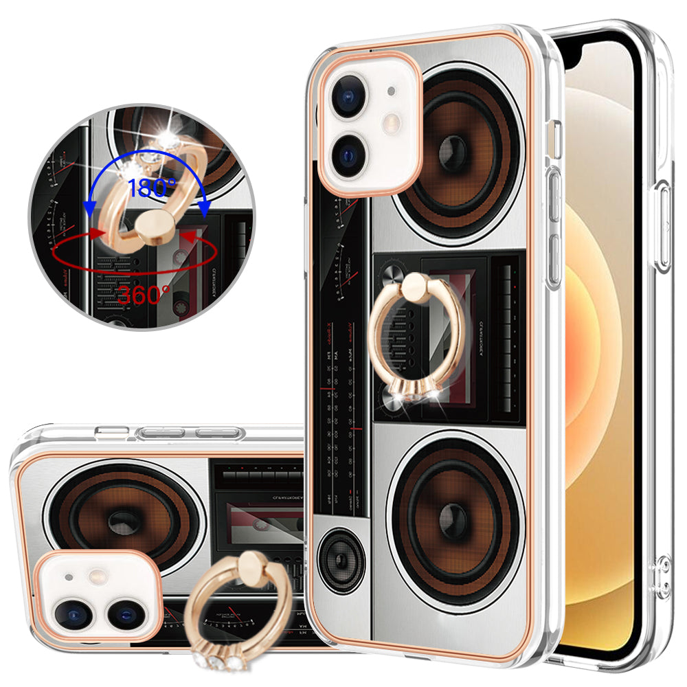 YB IMD Series-20 Style D For iPhone 12 / 12 Pro 6.1 inch IMD Pattern TPU Case 2.0mm Electroplating Phone Kickstand Cover