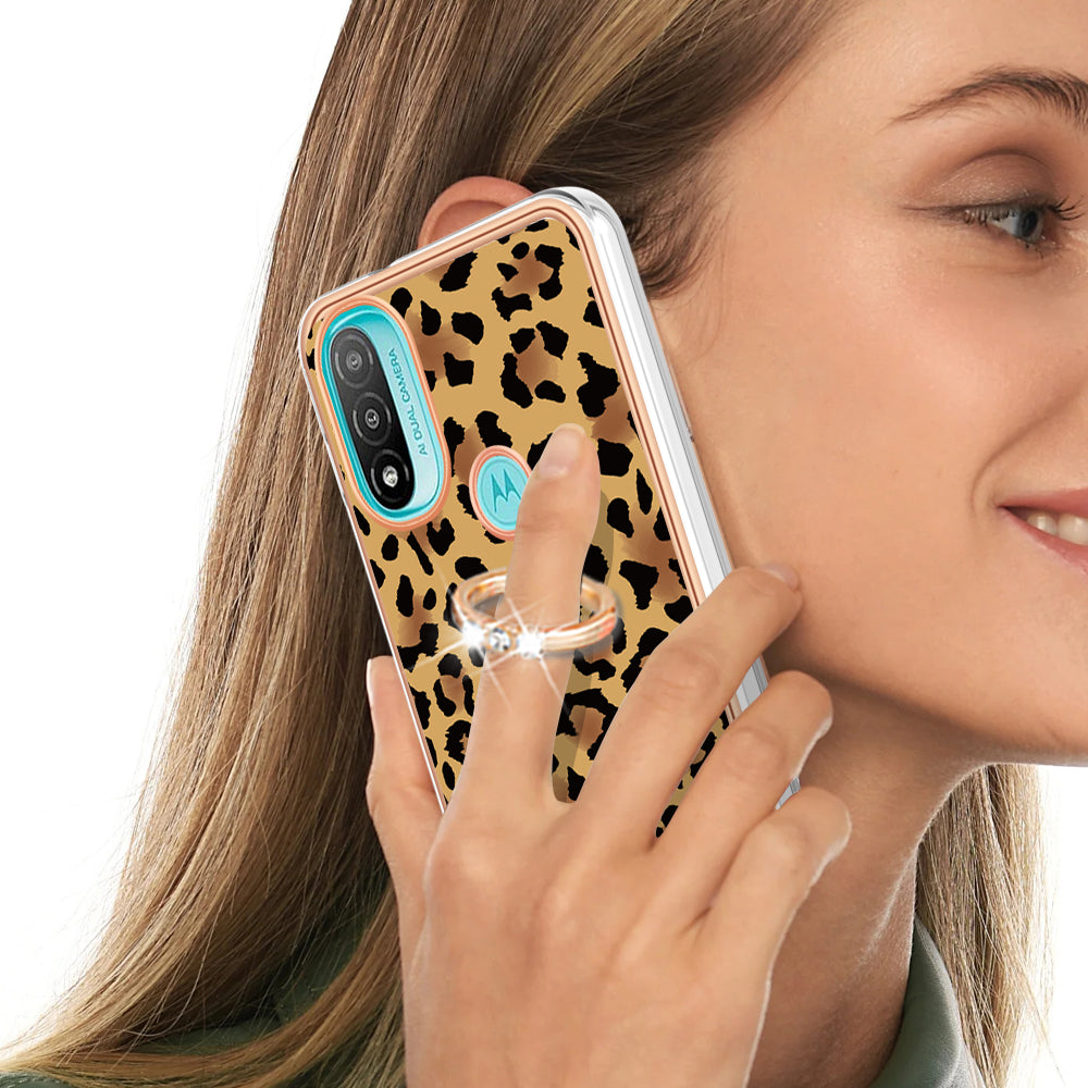 YB IMD Series-20 Style D Electroplated Anti-Scratch Phone Case for Motorola Moto E20 / E30 / E40 , IMD 2.0mm TPU Ring Kickstand Cover