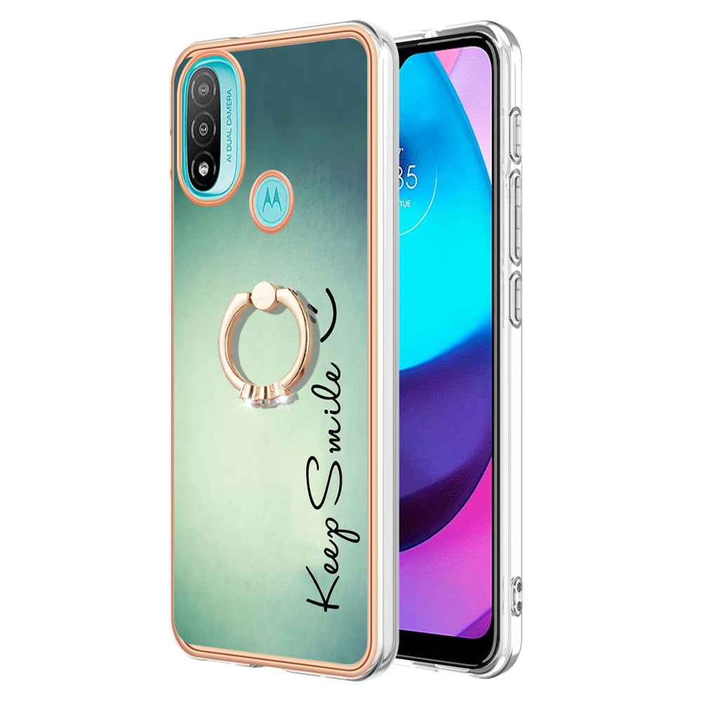 YB IMD Series-20 Style D Electroplated Anti-Scratch Phone Case for Motorola Moto E20 / E30 / E40 , IMD 2.0mm TPU Ring Kickstand Cover