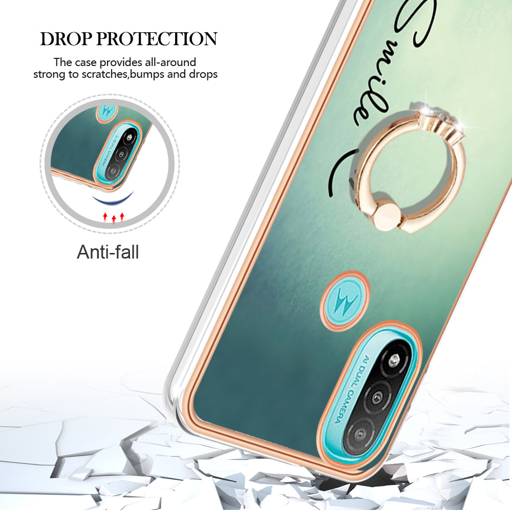 YB IMD Series-20 Style D Electroplated Anti-Scratch Phone Case for Motorola Moto E20 / E30 / E40 , IMD 2.0mm TPU Ring Kickstand Cover