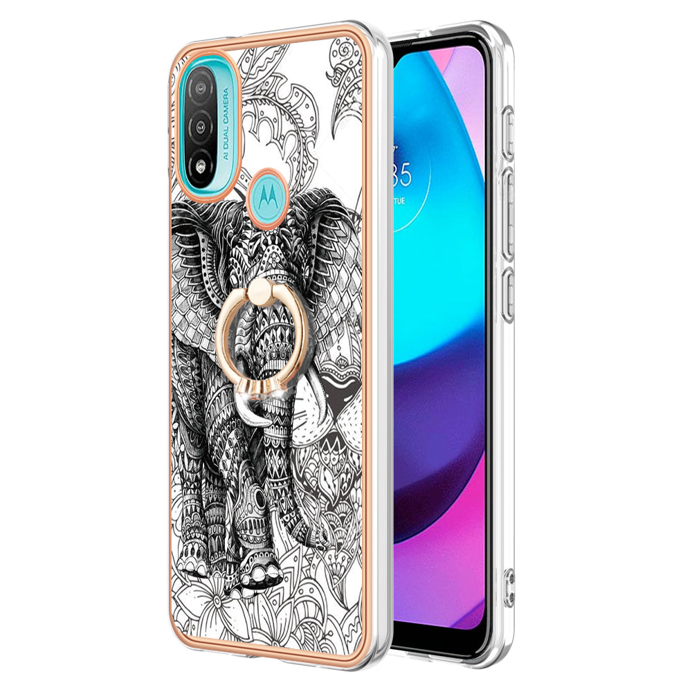 YB IMD Series-20 Style D Electroplated Anti-Scratch Phone Case for Motorola Moto E20 / E30 / E40 , IMD 2.0mm TPU Ring Kickstand Cover