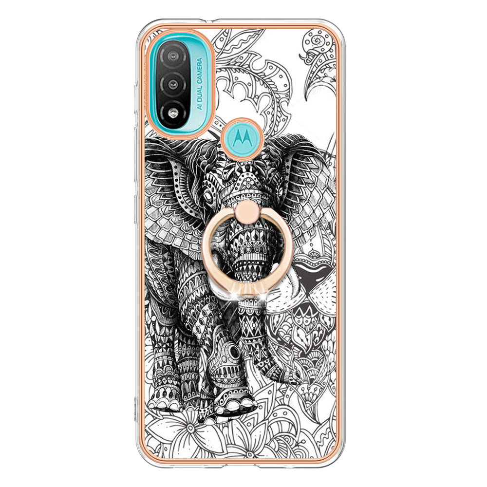 YB IMD Series-20 Style D Electroplated Anti-Scratch Phone Case for Motorola Moto E20 / E30 / E40 , IMD 2.0mm TPU Ring Kickstand Cover