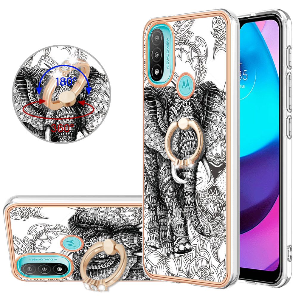 YB IMD Series-20 Style D Electroplated Anti-Scratch Phone Case for Motorola Moto E20 / E30 / E40 , IMD 2.0mm TPU Ring Kickstand Cover