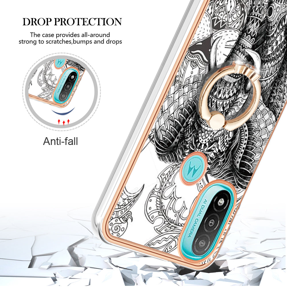 YB IMD Series-20 Style D Electroplated Anti-Scratch Phone Case for Motorola Moto E20 / E30 / E40 , IMD 2.0mm TPU Ring Kickstand Cover