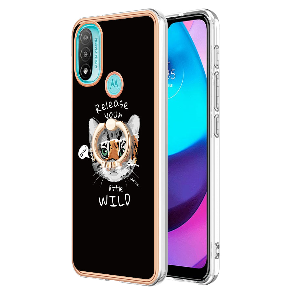 YB IMD Series-20 Style D Electroplated Anti-Scratch Phone Case for Motorola Moto E20 / E30 / E40 , IMD 2.0mm TPU Ring Kickstand Cover