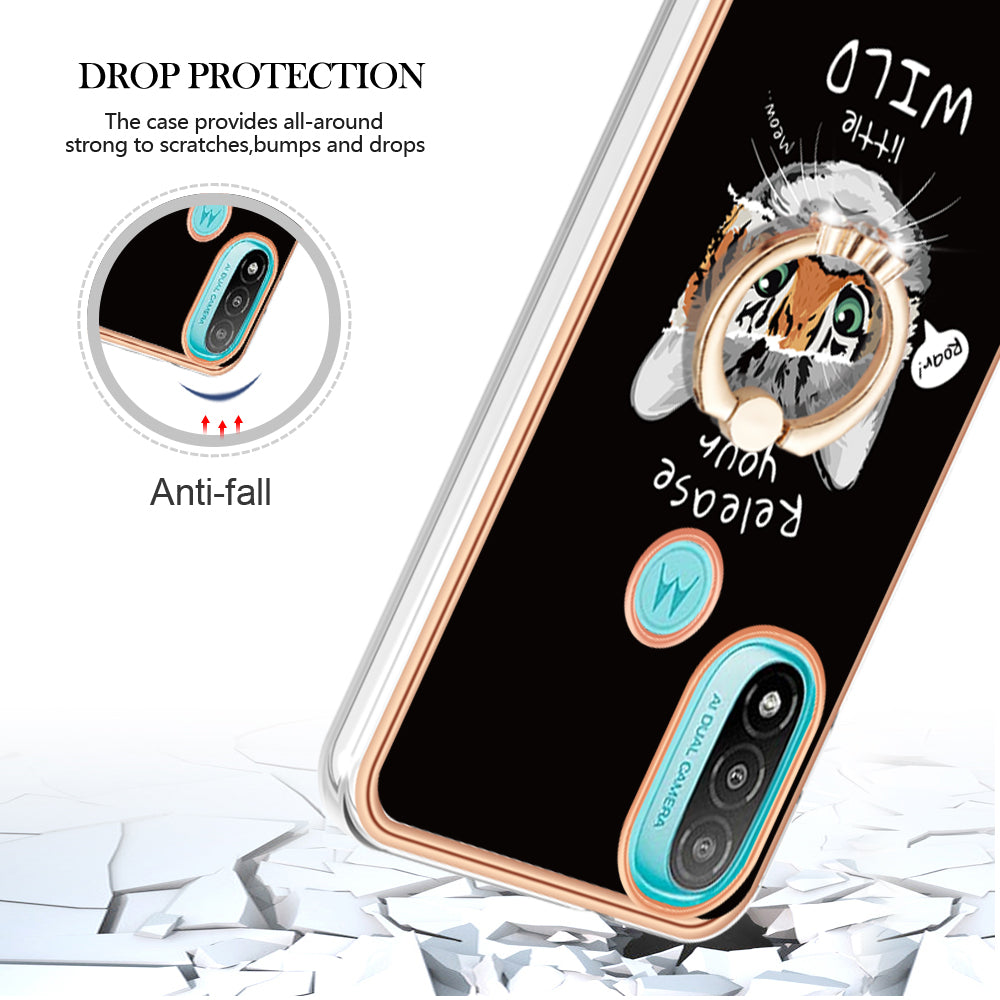YB IMD Series-20 Style D Electroplated Anti-Scratch Phone Case for Motorola Moto E20 / E30 / E40 , IMD 2.0mm TPU Ring Kickstand Cover