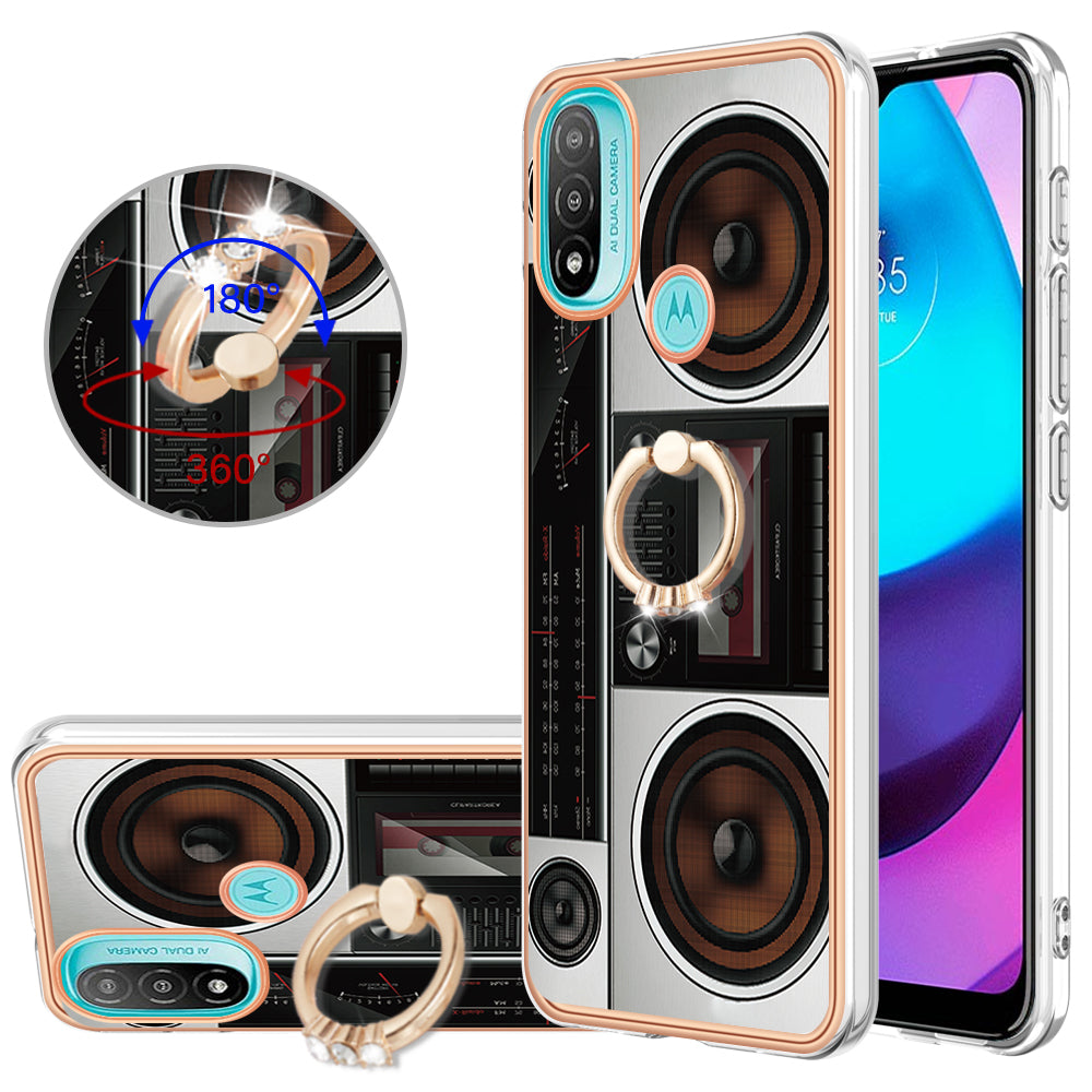 YB IMD Series-20 Style D Electroplated Anti-Scratch Phone Case for Motorola Moto E20 / E30 / E40 , IMD 2.0mm TPU Ring Kickstand Cover