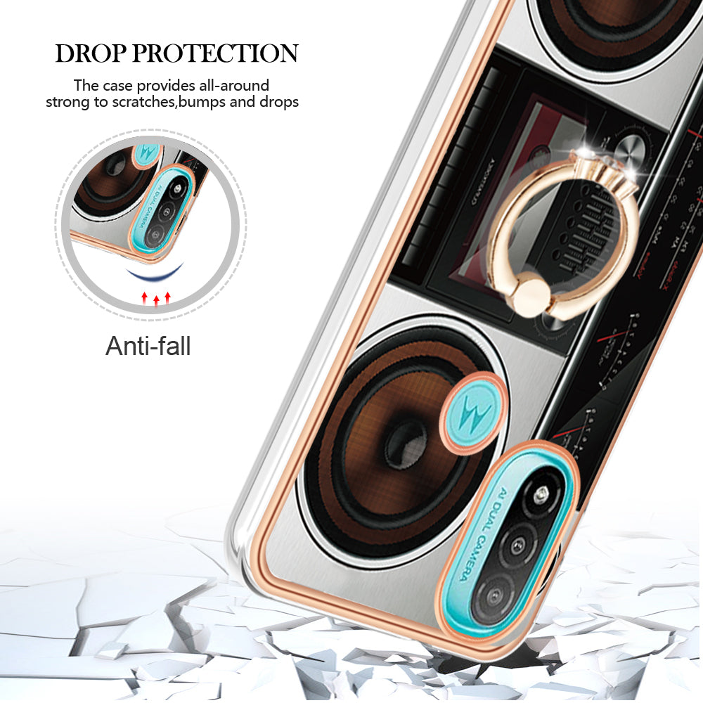 YB IMD Series-20 Style D Electroplated Anti-Scratch Phone Case for Motorola Moto E20 / E30 / E40 , IMD 2.0mm TPU Ring Kickstand Cover