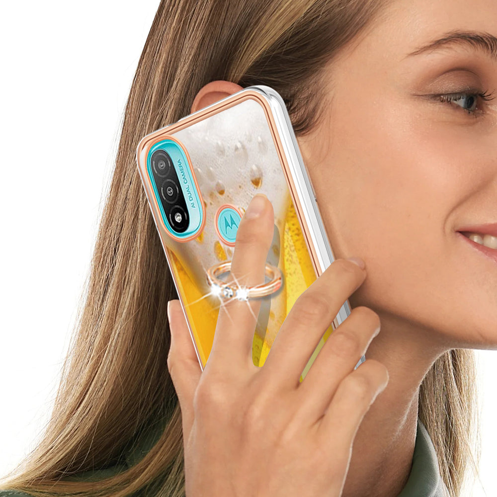 YB IMD Series-20 Style D Electroplated Anti-Scratch Phone Case for Motorola Moto E20 / E30 / E40 , IMD 2.0mm TPU Ring Kickstand Cover