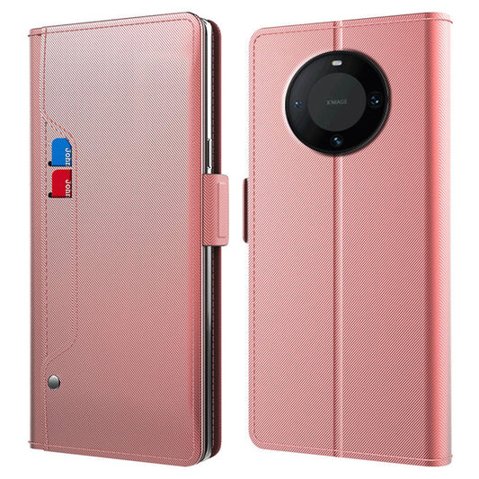 For Huawei Mate 60 Card Slot Mirror Design PU Leather Cover Hands-free Stand Phone Case Protection Shell