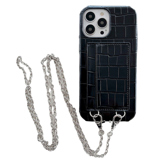 2 Card Slots Phone Case for iPhone 15 Pro Crocodile Textured PU+PC Anti-Drop Phone Protector with Strap