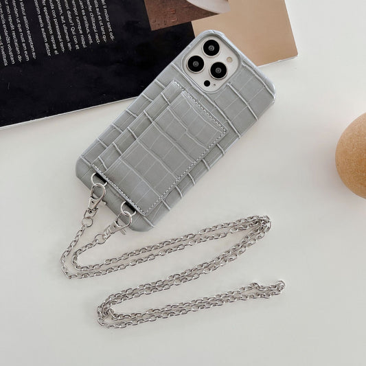 2 Card Slots Phone Case for iPhone 15 Pro Crocodile Textured PU+PC Anti-Drop Phone Protector with Strap