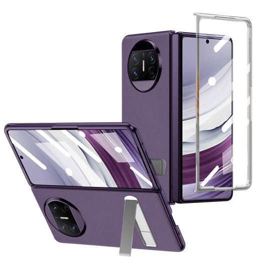 For Huawei Mate X5 PU Leather Coated PC Protective Cover Kickstand Phone Case with Tempered Glass Screen Film