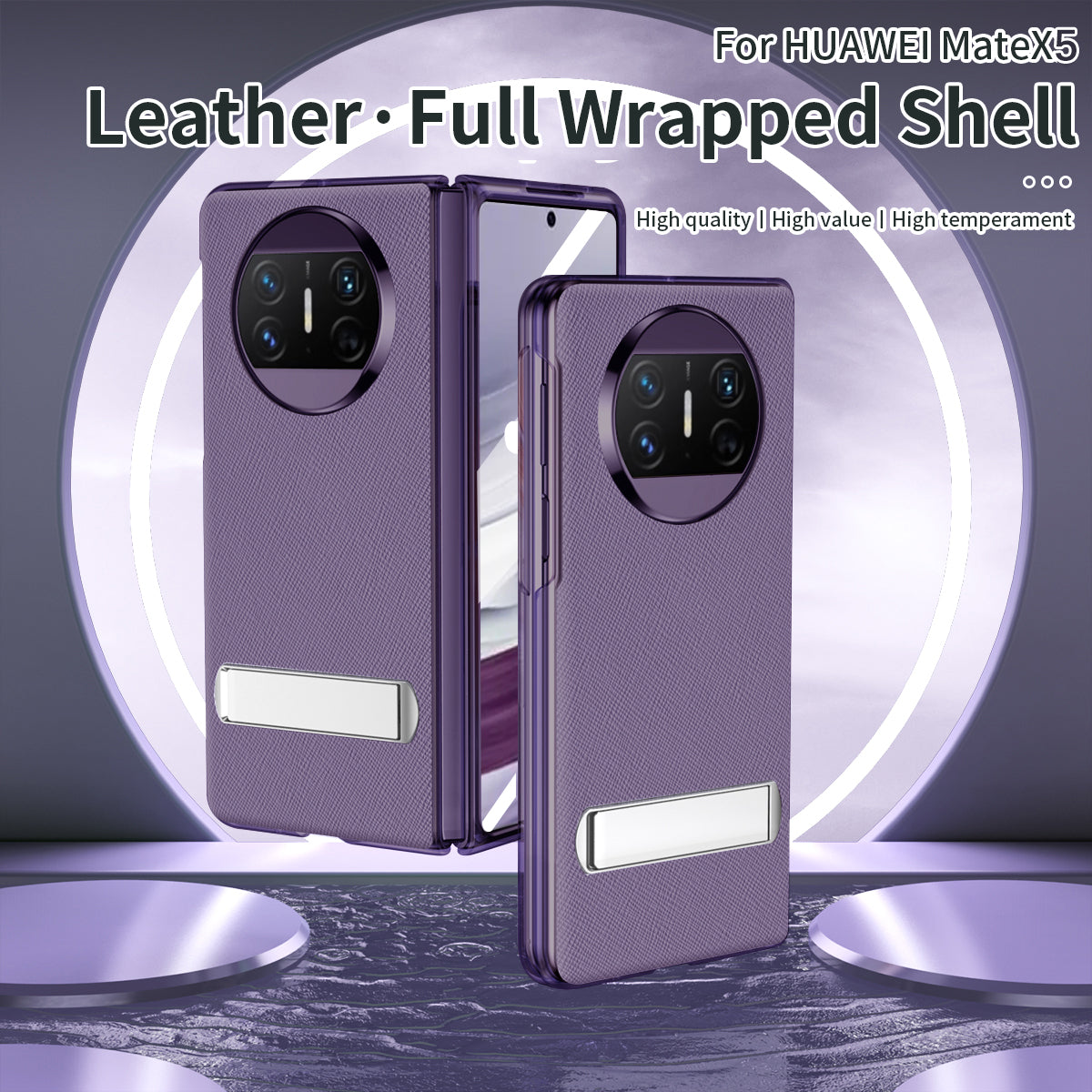For Huawei Mate X5 PU Leather Coated PC Protective Cover Kickstand Phone Case with Tempered Glass Screen Film
