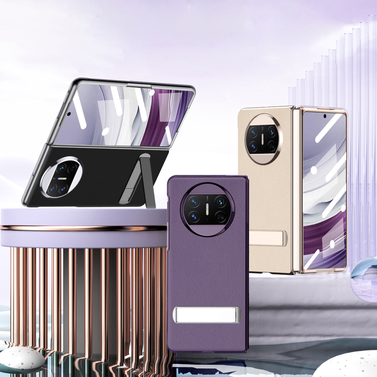 For Huawei Mate X5 PU Leather Coated PC Protective Cover Kickstand Phone Case with Tempered Glass Screen Film