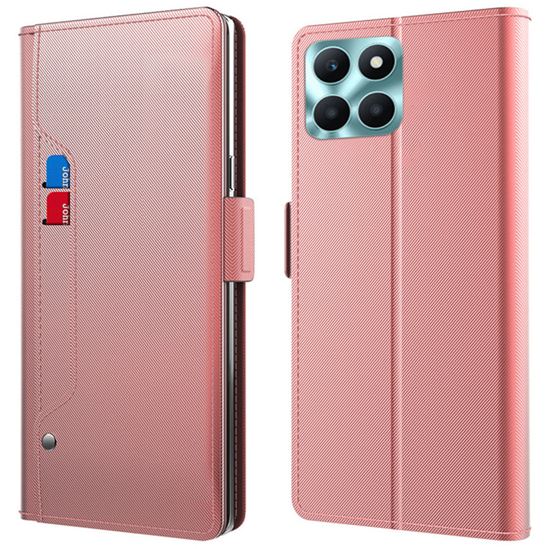For Honor X6a 4G Phone Case Card Slot and Mirror PU Leather Cover Anti-Scratch Stand Shell