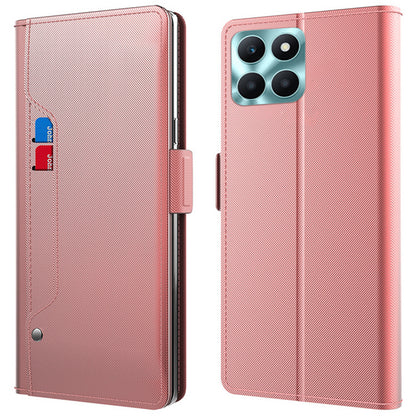 For Honor X6a 4G Phone Case Card Slot and Mirror PU Leather Cover Anti-Scratch Stand Shell