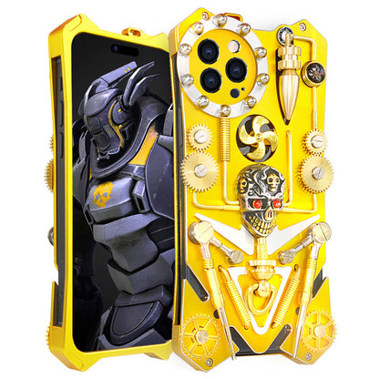 For iPhone 15 Pro Max Metal Gear Kickstand Phone Case Skull Toy Steampunk Shockproof Cover